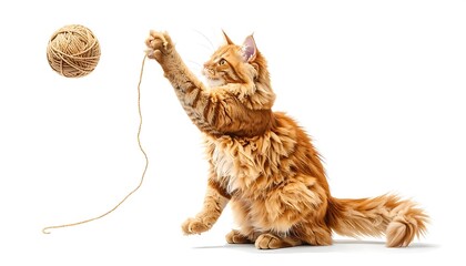 A fluffy, ginger-colored feline reaches for a ball of twine, its posture showing playful engagement. Isolated on white background