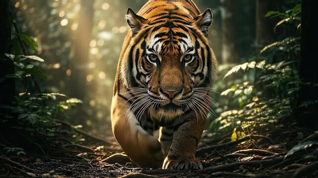 Majestic tiger walking through lush forest with sunlight filtering through trees