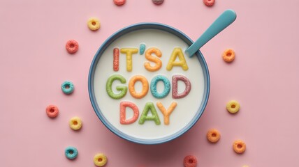 Cereal with it s a good day message on pink background