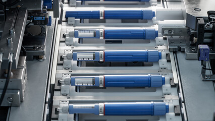 Insulin Pen on Production Line. Top View of Conveyor Belt with Medical Injectors at Modern...