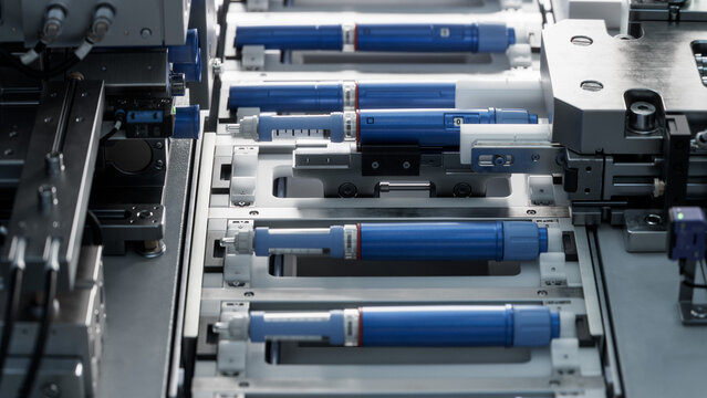 Medical Drug Production Plant. Top View of Conveyor Belt with Medical Injectors at Modern Pharmaceutical Factory. Insulin Pen on Production Line. Weight Loss Medication Manufacturing.