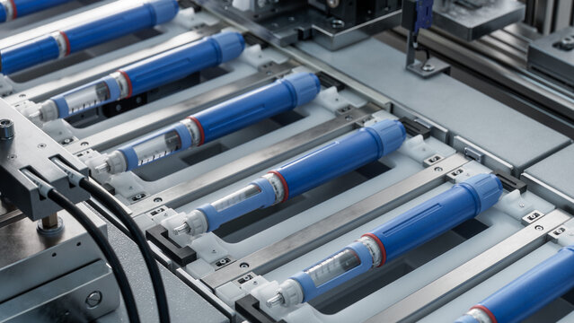 Insulin Pen on Production Line. Top View of Conveyor Belt with Medical Injectors at Modern Pharmaceutical Factory. Weight Loss Medication Manufacturing. Medical Drug Production Plant.