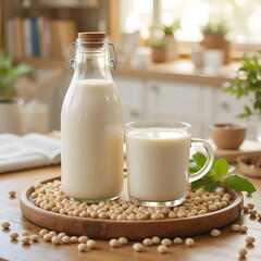 Fresh Soy Milk in Glass Bottle and Cup on Wooden Tray