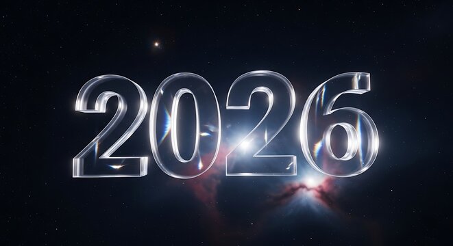 Transparent 2026 Numbers Floating in a Starry Galaxy Background