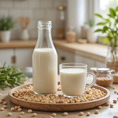 Fresh Soy Milk in Glass Bottle and Cup on Wooden Tray