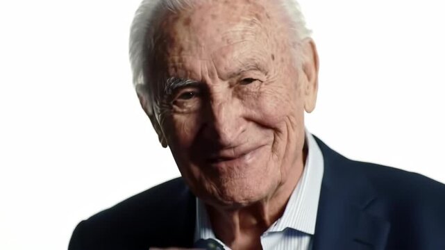 Elderly man waves hello and smiles warmly with bright white hair.