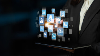 Data privacy and cyber security icons show encryption, data privacy safeguards, and cyber security...