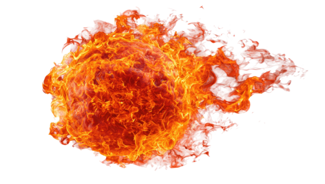 Fiery orb with radiant flames, glowing intensely against a transparent background, creating a dynamic visual effect
