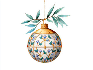 Intricate watercolor handmade Christmas ornament with gold filigree and blue floral pattern hanging from leafy twig, festive and delicate holiday