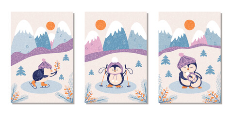 Set of winter greeting cards. Fashionable minimalist design with funny penguins. Vector template for a poster, banner, or holiday cover with a grainy texture.