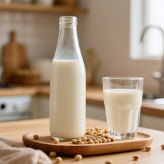 Fresh Soy Milk in Glass Bottle and Cup on Wooden Tray