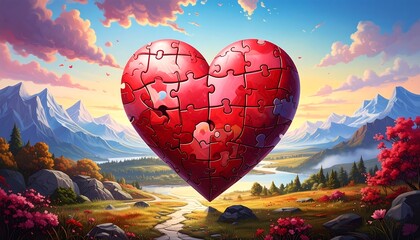 A large red heart composed of puzzle pieces floats over a vibrant landscape. Mountains, a river, and colorful skies complete the scene