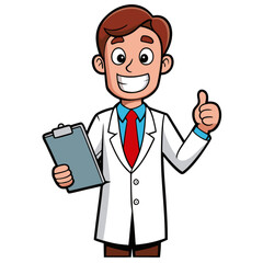 Friendly Cartoon Doctor Holding Clipboard and Giving Thumbs Up Vector Illustration