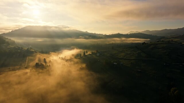 A stunning experience of a foggy landscape during a beautiful sunrise