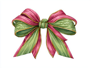 Festive green and pink ribbon bow with gold trim, watercolor texture and delicate pattern, cheerful holiday gift decoration