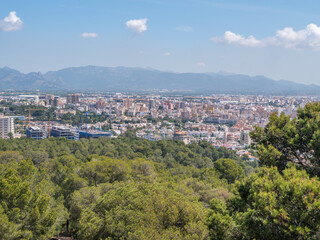 Obraz premium A panoramic view of Palma de Mallorca city nestled among lush green trees, with distant mountains under a clear blue sky, Majorca