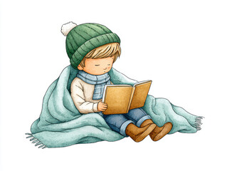 Cozy child reading book under blanket in winter hat and scarf, peaceful bedtime scene with warm tones and soft watercolor texture