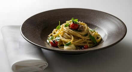Close up shot of a bowl of spaghetti with tomatoes and greens on a white tablecloth