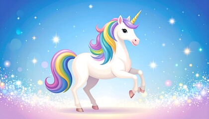 A majestic white horse with a spiraling horn, flowing rainbow mane, and tail prances against a dreamy, sparkling backdrop