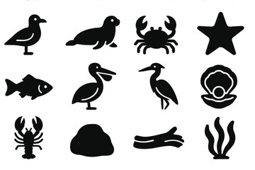 Coastal Wildlife Icons. Solid style icons of Coastal Wildlife: Seagull, Seal, Crab, Starfish, Fish, Pelican, Heron, Oyster,