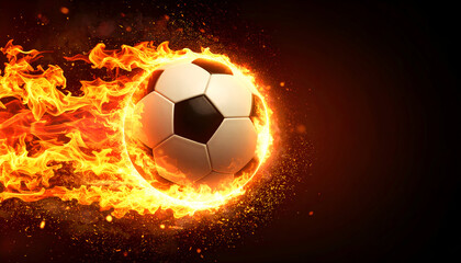 Naklejka premium Hot flaming soccer ball flying through darkness, energy and passion in sport background.