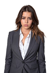 A tired young businesswoman stressed at work, isolated, transparent background, no background. PNG.