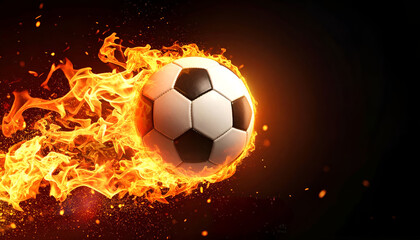 Fototapeta premium Soccer ball on fire with glowing flame trail, dramatic sports energy and action concept.