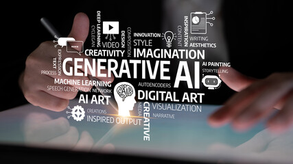 Close-up of hands interacting with a digital tablet displaying concepts of generative AI, emphasizing creativity and innovation in technology and modern art practices. Tessel