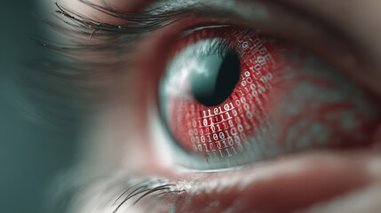 Human eye with digital pattern on iris - concept of uniqueness, identity, biometric identification