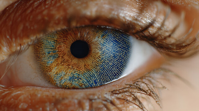 Human eye with fingerprint-like pattern on iris - concept of uniqueness, identity, biometric identification, global control