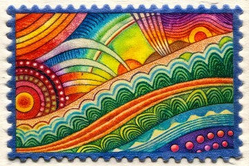 Vibrant abstract stamp design with rainbow colors and intricate patterns