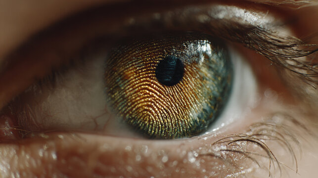 Human eye with fingerprint-like pattern on iris - concept of uniqueness, identity, biometric identification, surveillance