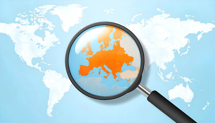 Orange highlighted Europe viewed through magnifying glass on global map, analysis and discovery theme.
