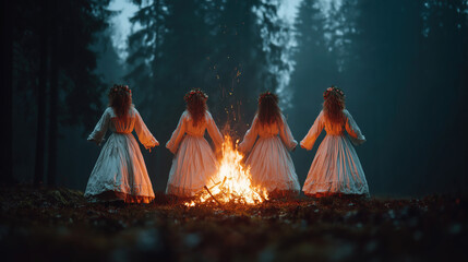Celebrating Kupala Night with women dancing around a fire in a forest setting under the night sky, embracing Slavic traditions and culture