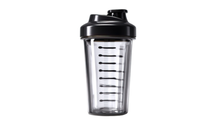 Protein shaker bottle with clear measuring scale on transparent background