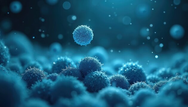 Close-up of lipid nanoparticles on blue background. Microscopic view reveals the spherical structures. Illustration of a scientific research, medical tech, and biotechnology concepts.