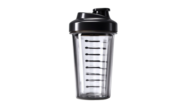 Protein shaker bottle with clear measuring scale on transparent background