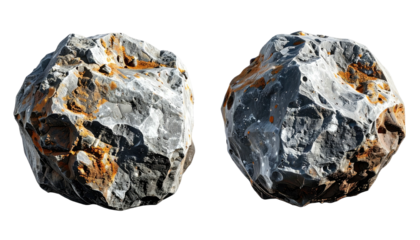 Two rough, weathered rocks with mottled gray and brown coloring, isolated on a black background, side by side