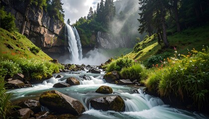 A majestic waterfall cascades into a river surrounded by lush greenery and towering cliffs, with sunlight filtering through the trees