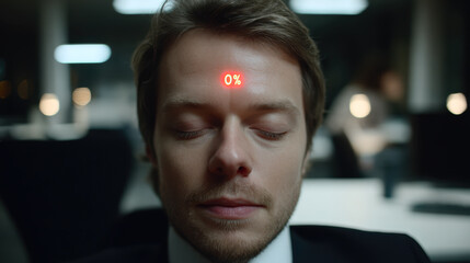 Office worker with LED indicator reading 0 percent on his head - burnout, lack of motivation, anhedonia
