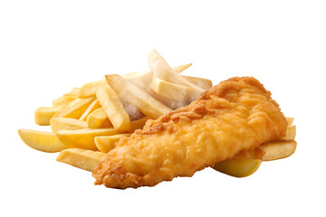 Golden battered fish fillet served with crispy french fries and coleslaw isolated on transparent background
