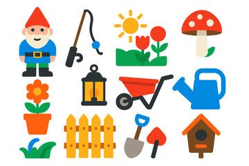Gnome Garden Icons. Flat vector icons of Backyard Gnome: pointy hat, fishing rod, beard, garden, mushroom, flower pot, lantern,