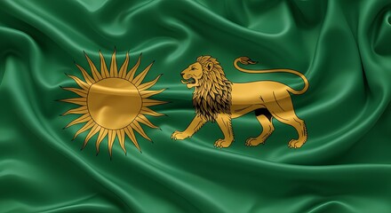 Fototapeta premium Ancient Mughal Empire Flag with Golden Lion and Sun on Green Silk