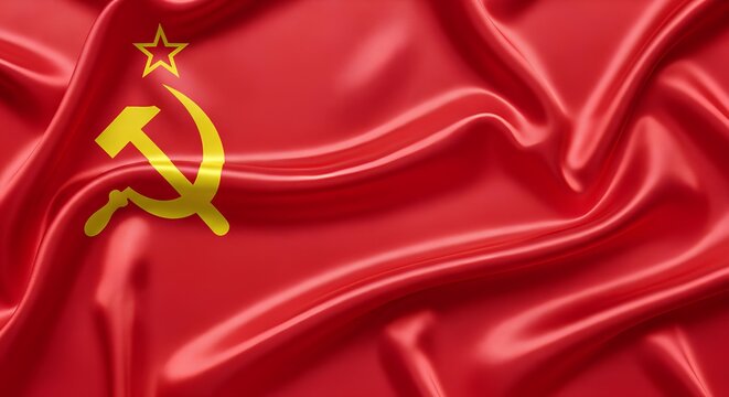 Red flag featuring a yellow hammer and sickle with a star above, symbols of communism, representing the former Soviet Union.