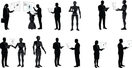 Business people working with robots, artificial intelligence collaboration in workplace, futuristic technology interaction, AI automation industry, digital transformation concept illustration