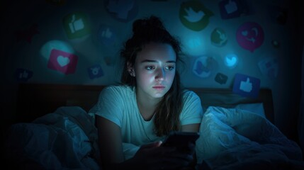 teenage girl with smartphone on her bed