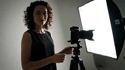 A woman adjusts a camera on a tripod in a studio, large softbox, soft light