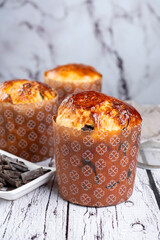 Homemade sweet bread filled with chocolate, dried fruits, walnuts, almonds, peanuts, candied nuts, raisins, and fruit, Christmas and Thanksgiving holiday bread. 