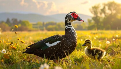A muscovy duck and its duckling stand in a sunlit meadow of wildflowers, mountains in the soft focus background