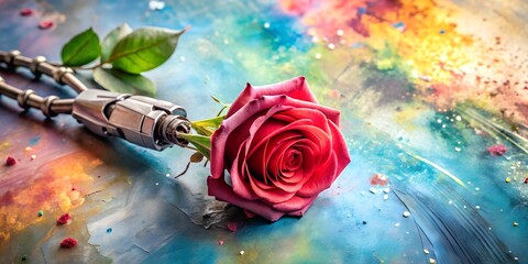 Red rose attached to a robotic arm on a colorful abstract background